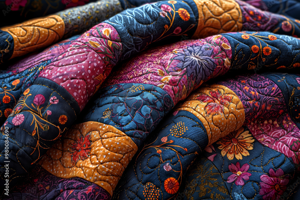 Poster a vibrant, colorful quilt with various patterns and shades, adding warmth and character to a room. c