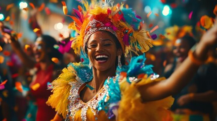 Carnival Celebration, vibrant festivities filled with dance and artistic performances, colorful costumes, lively music, joyful crowds, a festive atmosphere of excitement and creativity