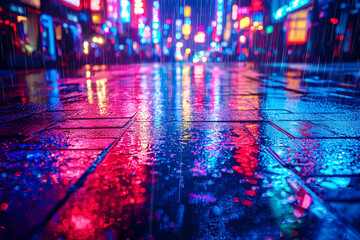 Obraz premium A striking visual of neon lights in various colors reflecting off wet pavement at night. Concept of urban nightlife and color.