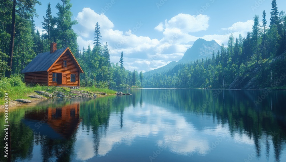 Wall mural cabin by the lake