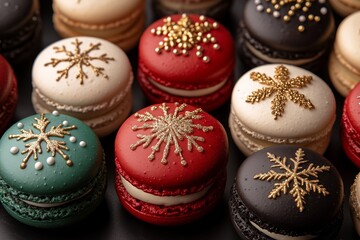 Obraz premium Christmas macarons pattern of red, green, and white macarons with gold leaf designs on each cookie on a dark background