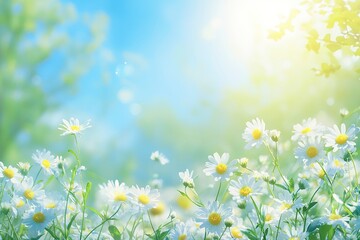 Beautiful blurred spring background nature with blooming glade chamomile, trees and blue sky on a sunny day, ai