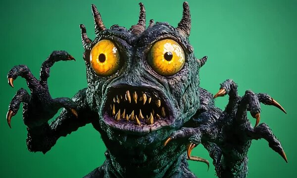 Terrifying monster with large yellow eyes snarling green screen background with ai generated.
