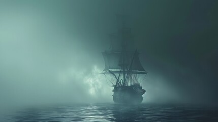 Fototapeta premium Spectral Ghost Ship Sailing Through the Mist-Shrouded Waters of a Dark and Haunted Sea