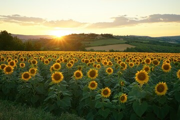 Fototapeta premium Sunset over a sunflower field in summer