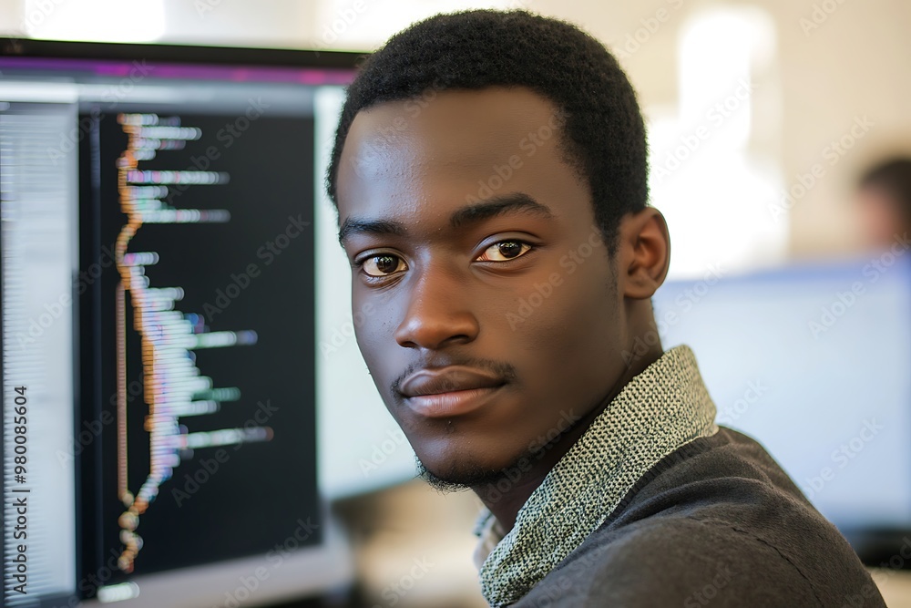 Aufkleber portrait of a young african american programmer looking at the camera while working at his computer