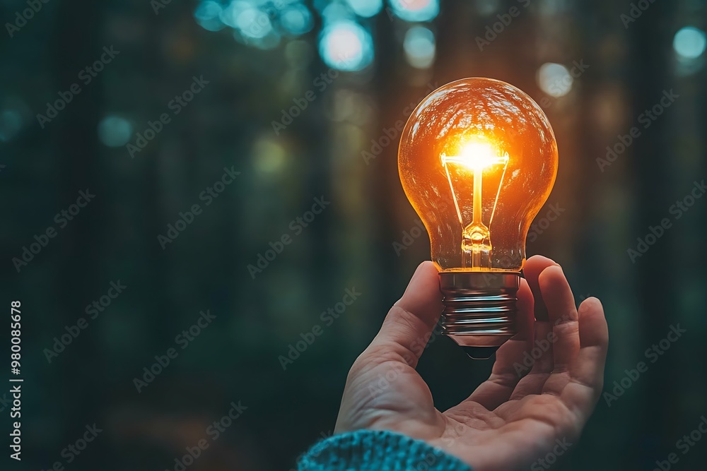 Poster Hand Holding a Glowing Light Bulb, Inspiration, Innovation, and Creativity Concept