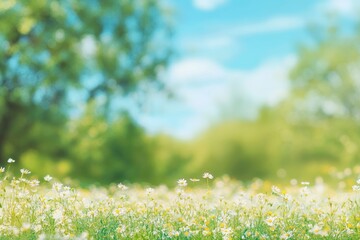 Fototapeta premium Beautiful blurred spring background nature with blooming glade chamomile, trees and blue sky on a sunny day, ai