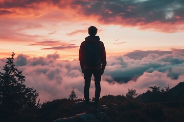 Obraz premium Silhouette of Man Standing on Mountaintop with Clouds and Sunset