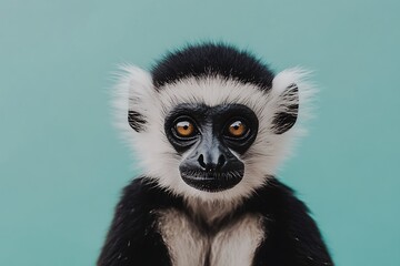 Fototapeta premium Cute Black and White Lemur Portrait with Big Eyes Against a Blue Background
