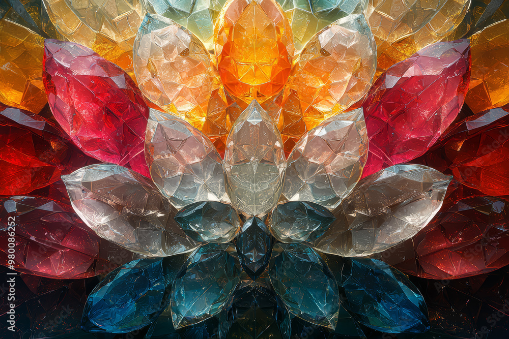 Poster a kaleidoscope effect of overlapping transparent colors creating intricate, geometric patterns. conc