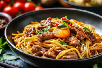Tasty spicy Chinese cuisine featuring noodles and meat Studio shot