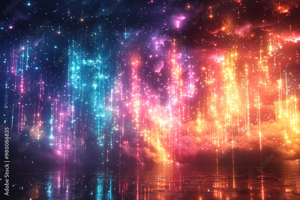 Poster a display of colorful fireworks lighting up the night sky in brilliant, cascading patterns. concept 