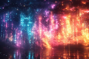Obraz premium A display of colorful fireworks lighting up the night sky in brilliant, cascading patterns. Concept of celebration and visual impact.