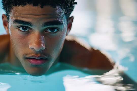 Teen biracial male swimmer readies for a dive in a competitive indoor pool - Powered by Adobe