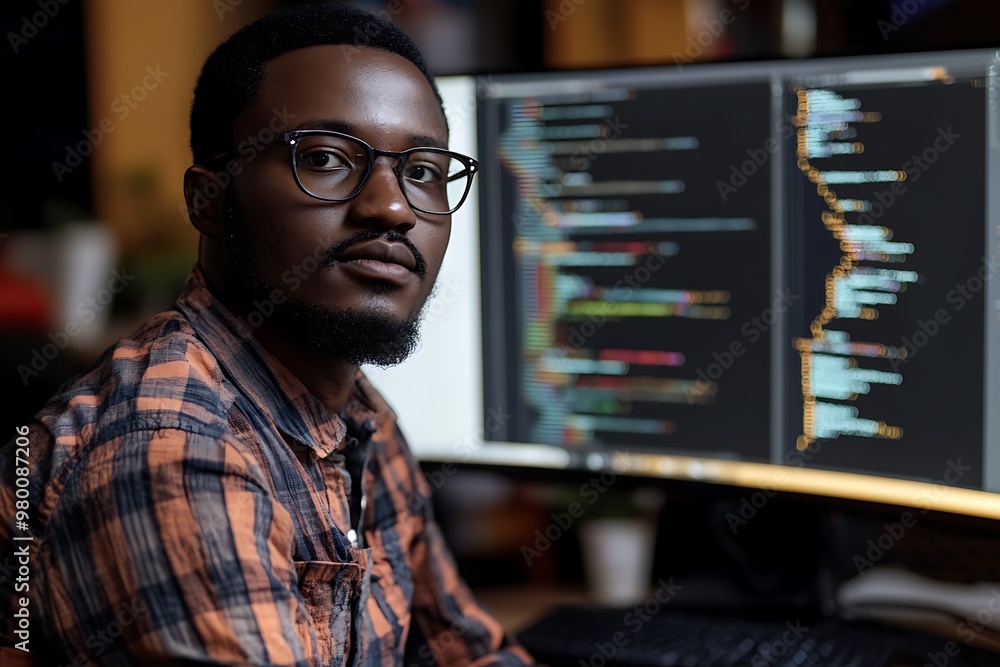 Poster focused young african american male programmer working on a coding project at night, looking at the 