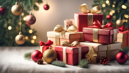 ラッピングされたクリスマスプレゼントがたくさん積まれている