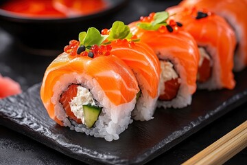 Gourmet salmon sushi rolls served on a black plate with garnishes, ready for a fine dining experience , ai