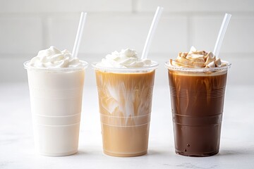 Three iced coffee drinks in transparent cups with straws each with different amounts of milk and cream