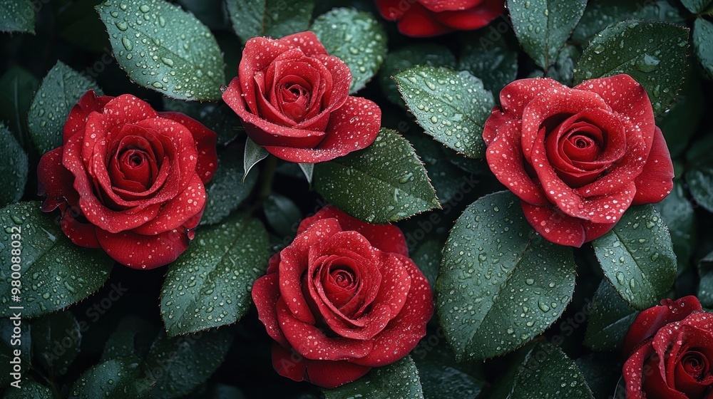 Sticker red roses with dew drops