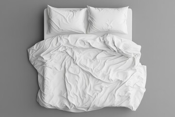 Obraz premium Top view of a bedroom with solo white duvet cover