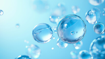 A blue background with glowing blue spheres and a few light-colored transparent water droplets, representing skincare products and the concept of luxurious beauty.
