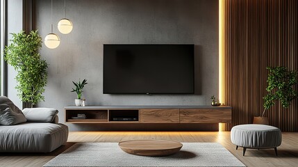 A sleek, wall-mounted TV unit with a minimalist design and a hidden storage compartment, situated in a modern living room,