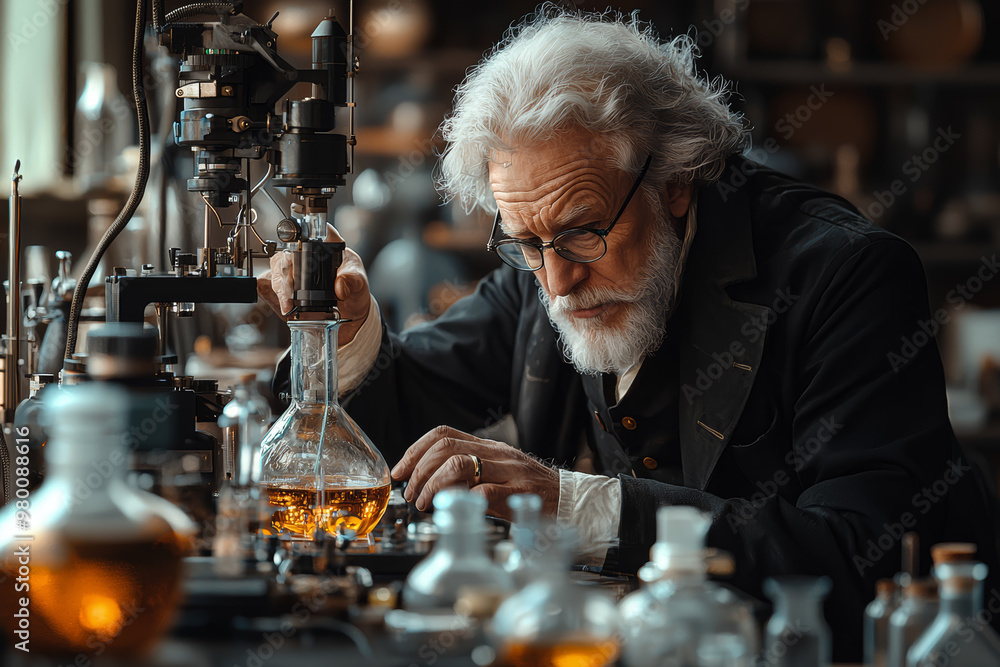 Poster an enlightenment-era scientist using advanced lab equipment to conduct experiments, surrounded by hi