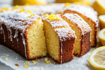 Traditional lemon pound cake drizzled with powdered sugar sliced on parchment and garnished with lemon zest