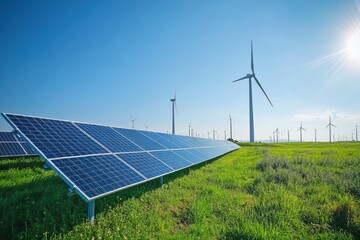 serene solar farm and towering wind turbine stand in lush green fields against a pristine blue sky, for clean energy, sustainable future, eco-friendly and renewable energy concept, ai