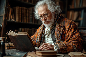 An 18th-century poet composing verses on a modern laptop, surrounded by contemporary literary tools and digital resources. Concept of historical literary practices in the digital age.