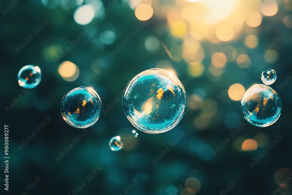 Poster soap bubbles floating in the air, with bokeh effect in the background.