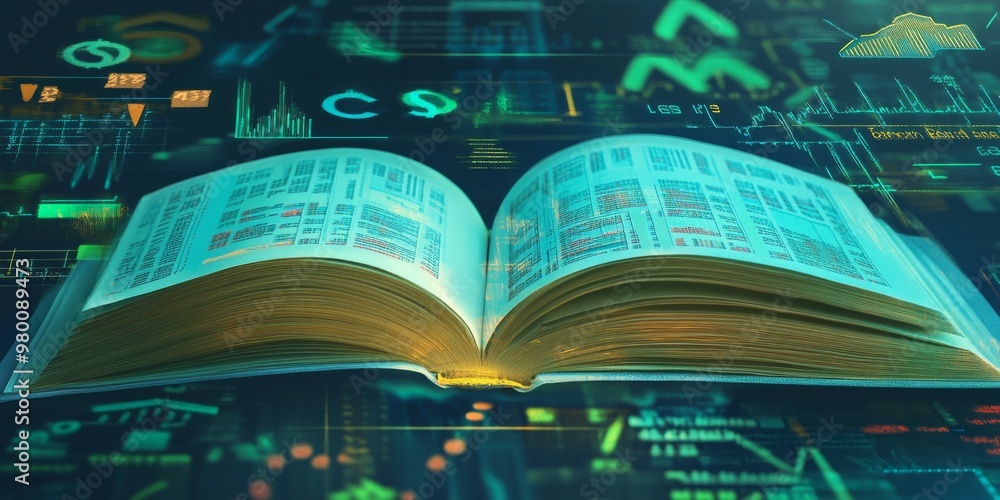 Poster an open book displays financial data and graphs in an engaging style. this image combines education 