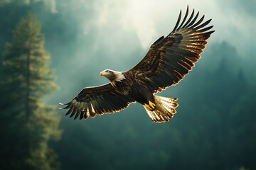Obraz premium Majestic Bald Eagle Soaring Through the Clouds in the Forest