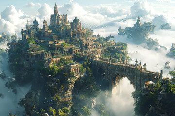 Obraz premium A seamless portal connecting a bustling city with a peaceful, otherworldly realm of floating islands and ethereal creatures. Concept of blending urban life with fantastical worlds.