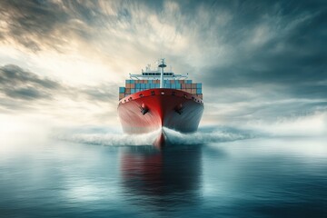 View of a cargo ship with contrails in the ocean transporting containers for trade