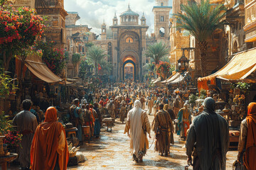 A seamless portal between two worlds opens in the middle of a busy street, allowing people to step from a futuristic metropolis into an ancient, medieval village.