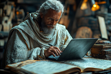 A medieval scribe meticulously working on a laptop, surrounded by ancient manuscripts and modern...