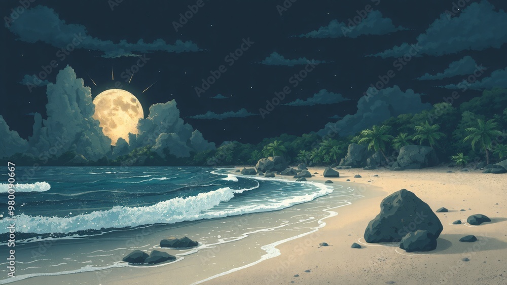 Wall mural beach and sea minimalist illustration night and day