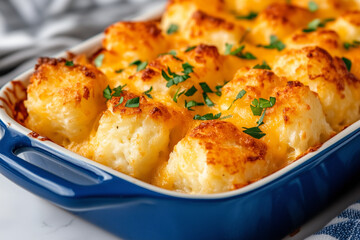 Minnesota Tater tot hotdish casserole from fresh out of the oven in a blue casserole dish topped with parsley