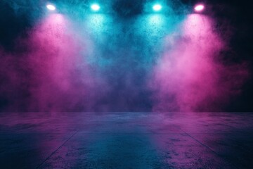 Obraz premium A Concrete Floor Illuminated by Colorful Spotlights and Fog