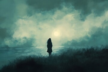 Obraz premium Silhouette of a woman standing in a misty field, looking towards a bright light in the clouds.