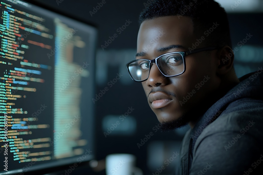 Poster focused african american programmer working late at night on software code. cyber security, technolo