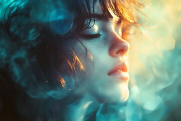 Closeup portrait of young woman with ethereal glow, colorful abstract background, digital art