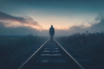 Silhouette of Person Walking Alone on Railroad Tracks Towards Sunrise