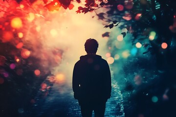 Silhouette of a man standing in colorful bokeh forest, mystery, fantasy, hope