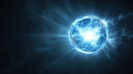 Fototapeta premium A glowing blue light orb floating in a dark void, radiating soft beams of light in all directions.