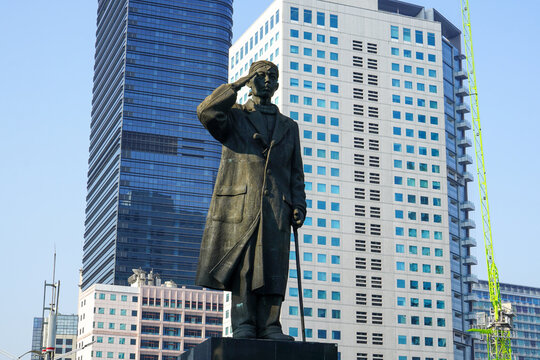 The General Sudirman statue is one of the statues in the Dukuh Atas area, in front of the BNI Building, Jalan Jenderal Sudirman. Monument, statue nation hero.  Jakarta, Indonesia.
