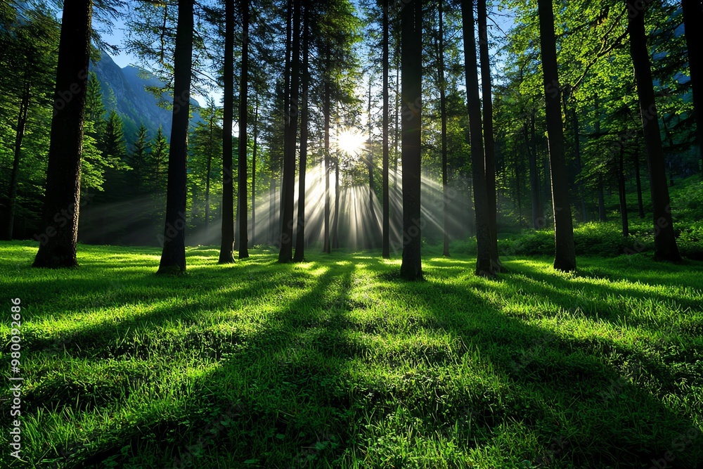 Poster a forest clearing at dawn, with mist rising and soft sunlight filtering through the trees