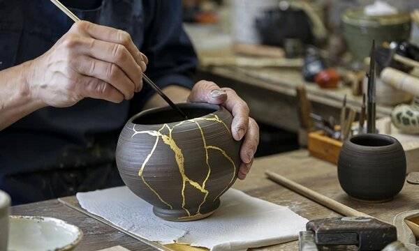 Japanese Artisan Repairing Pottery with Kintsugi Gold Lacquer in Traditional Workshop